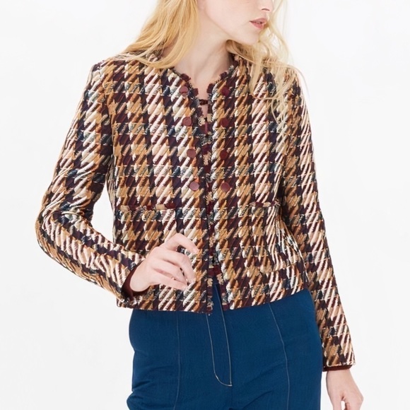 Sandro Tweed Wool-Blend Cropped Houndstooth Marianne Jacket - Picture 1 of 9